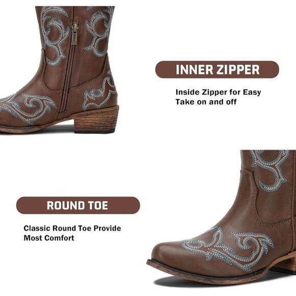 ⭐Round Toe Embroidered Mid High Wide Calf Chunky Pull on Boot Inside Zipper💫 - Picture 5 of 8